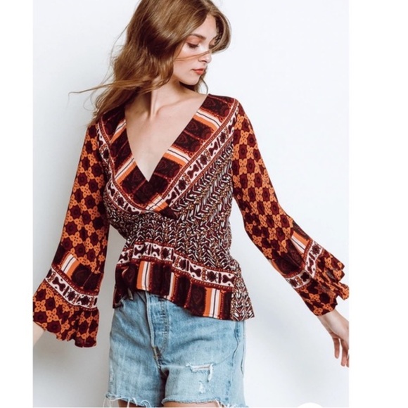 Free People NWT Rosalie Bell Sleeve Faux Wrap Blouse - Picture 3 of 9